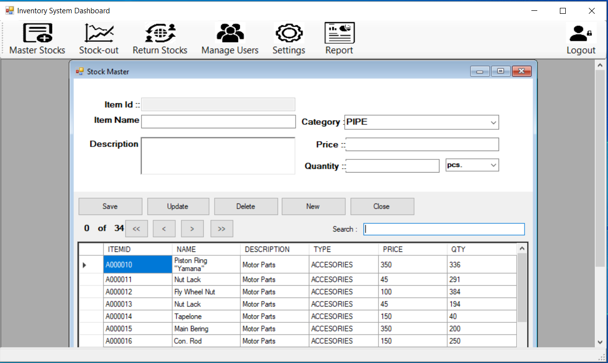 Inventory Management System for managing the stock master, stock out, return stocks