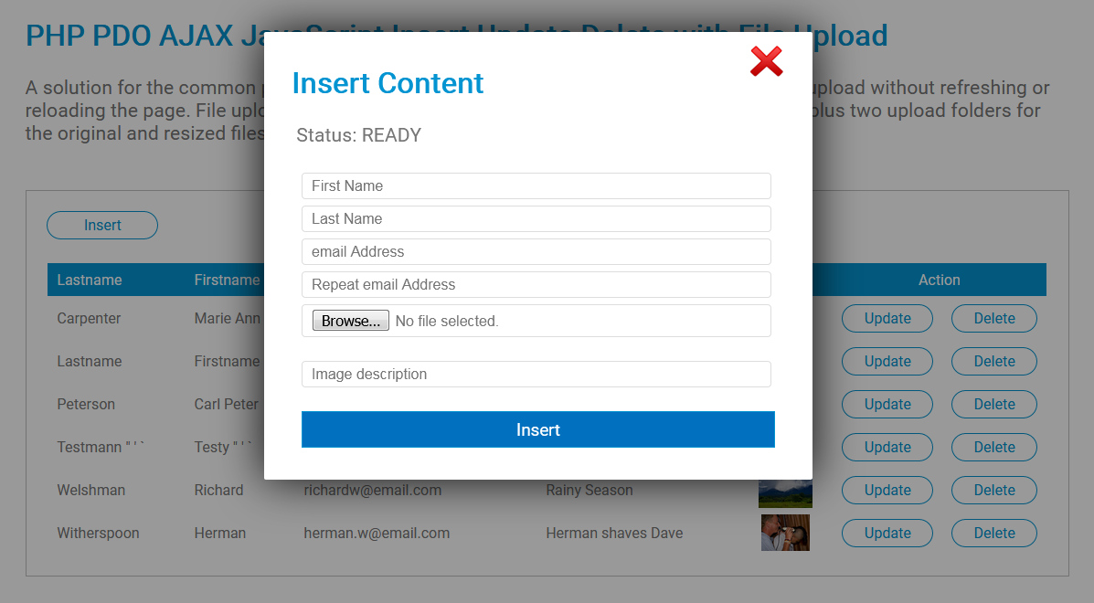 PHP PDO AJAX JavaScript Insert Update Delete with File