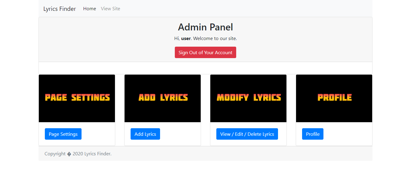 Lyrics finder is built with PHP. It's a song lyrics website with admin panel. 