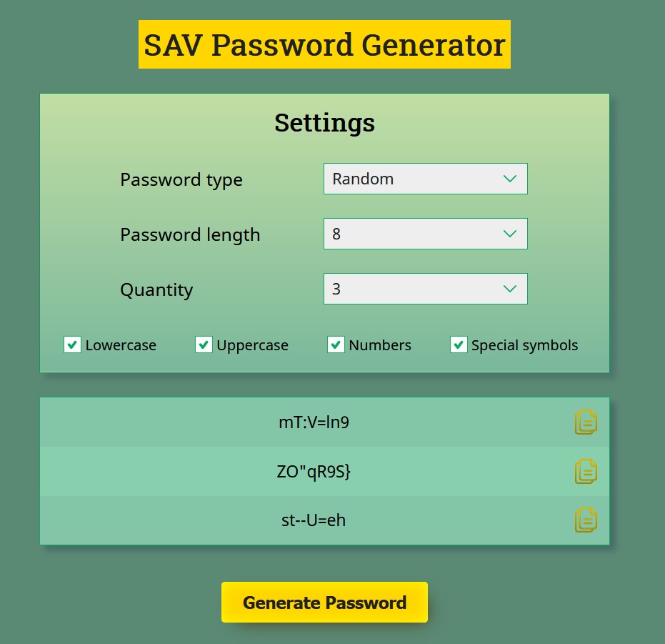 SAV Password Generator is a simple and convenient password generation script